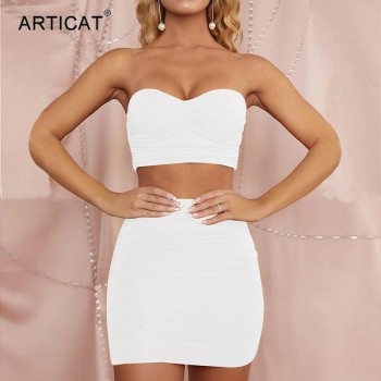 Ruched Bodycon Two Piece Set Dress Women Sexy Strapless Crop tops And Mini Dress 2 Piece Sets 